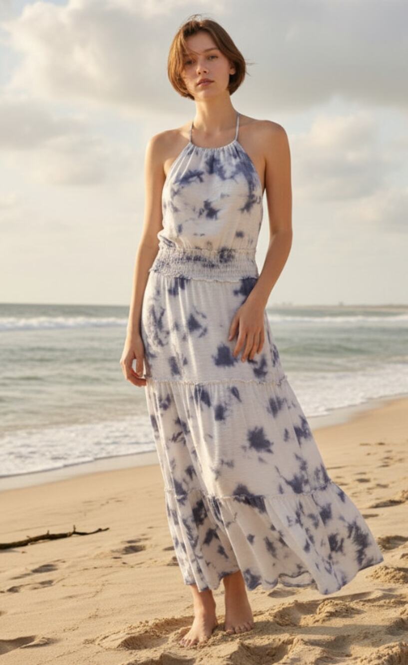 EVEREVE Z SUPPLY SIZE MEDIUM BEVERLY TIE DYE MAXI HALTER SUNDRESS DUSTY BLUE NEW